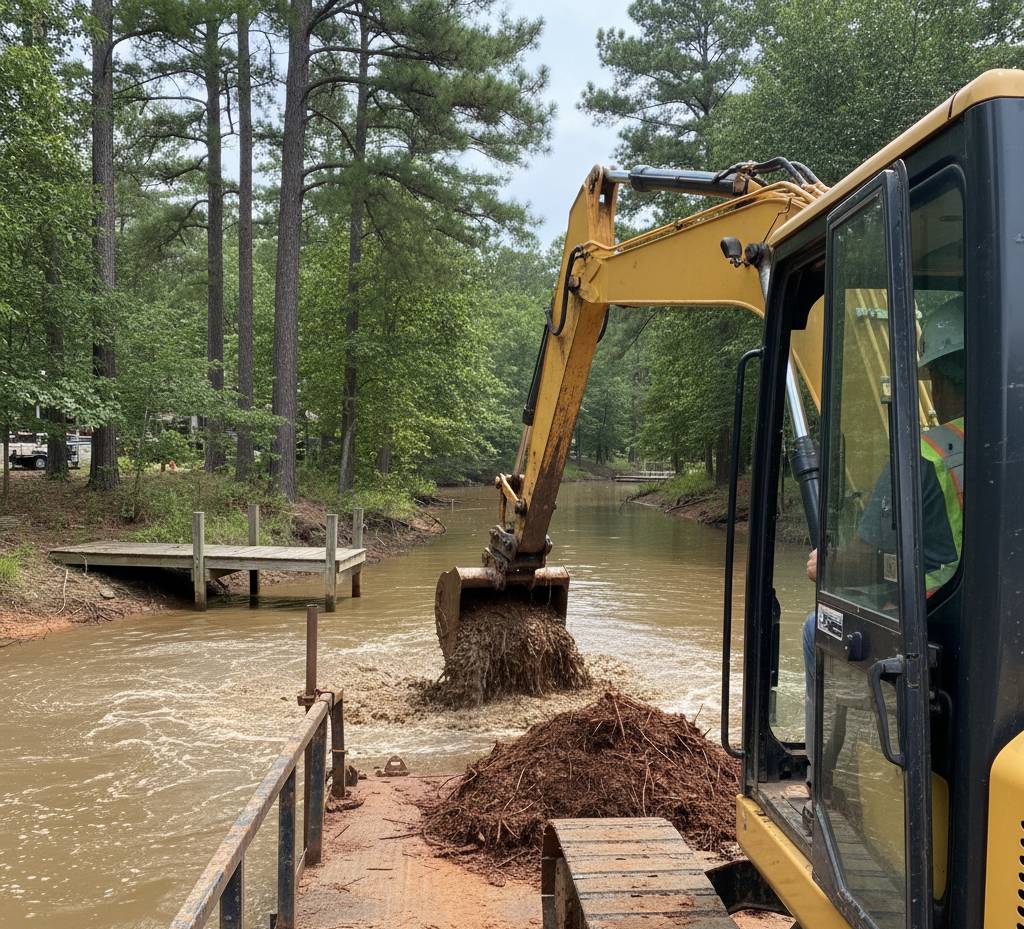 Mechanical Excavator Dredging in a cove.