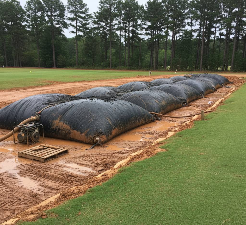 Sediment drying on a pad near a golf course.